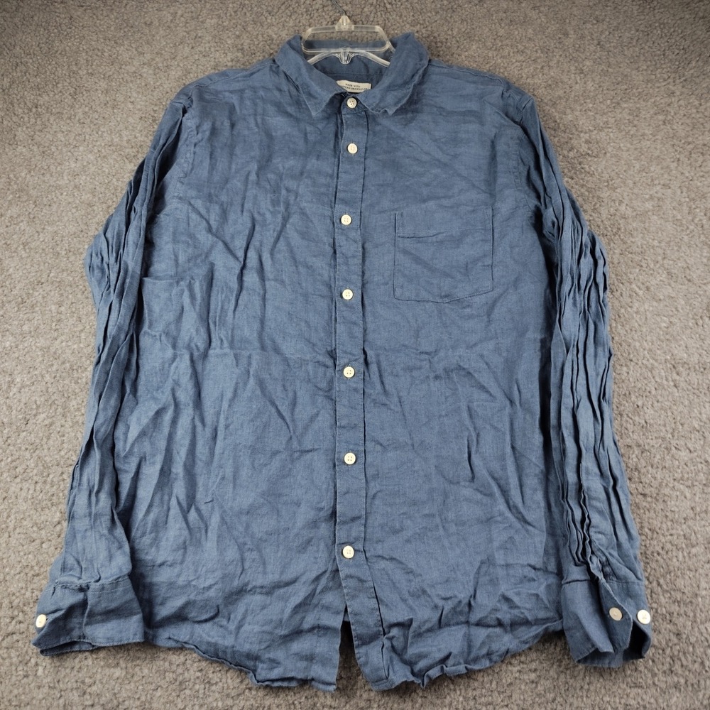 Caribbean Joe Linen Shirt Button Up  Mens Large Blue Long Sleeve Business Casual